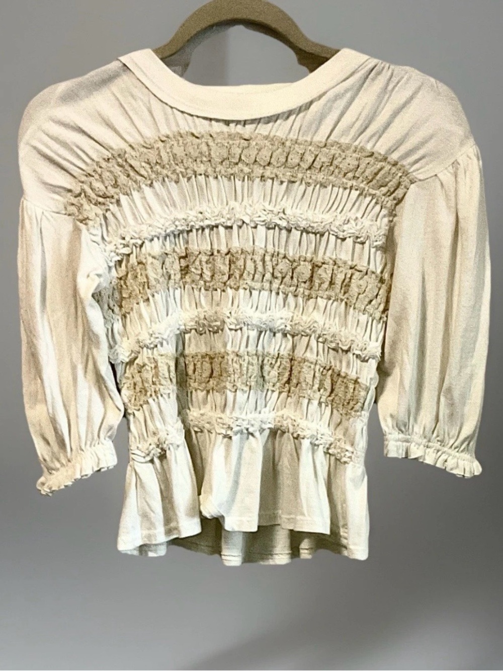 Free People NWT Maxey Smocked Ruffled Cream Puffed Half Sleeve Knit Top, XS - Picture 2 of 12